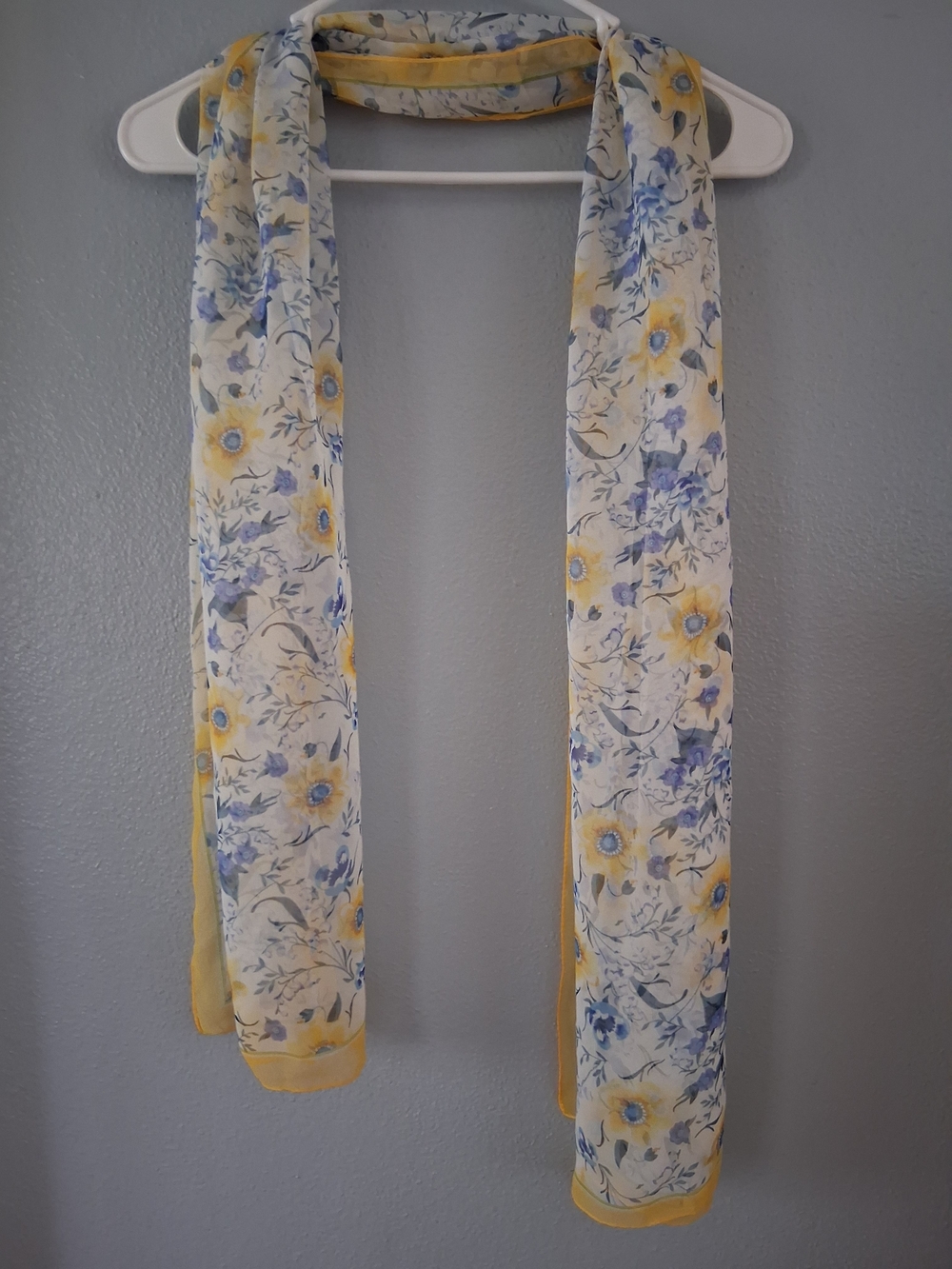 Sheer Floral Silk Feeling Scarf in Yellow & Light Blue 64" Long